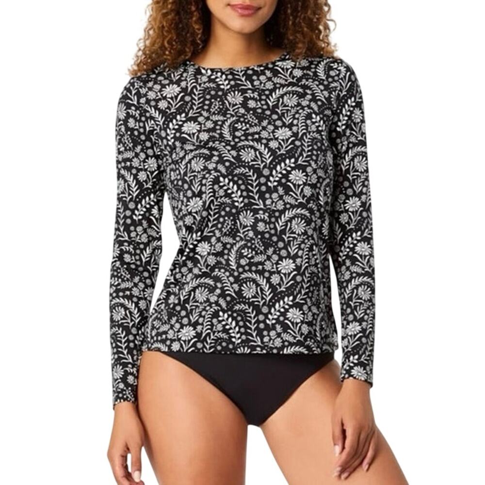 Lands’ End Charcoal Gray Floral UPF 50+ Semi Sheer Sun Tee Size Medium